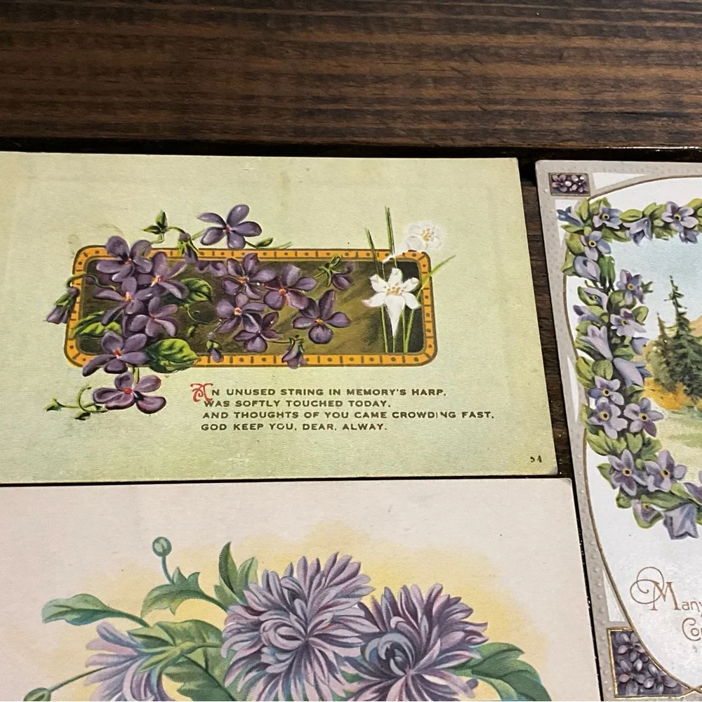 Antique Lot of 8 Assorted Purple Flower Postcards Best Wishes Greetings